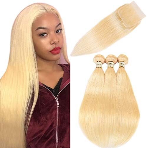 Goldfinch 613 Blonde Bundles with Closure Straight Platinum Blonde Human Hair Bundles with 4x4 Lace Closure 12 12 14 +12 Brazilian Straight Virgin Hair