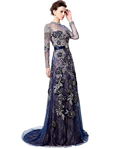 Anmor Tulle Mother Of The Bride Dress High Neck Beaded Sequin Applique Evening Prom Dress Long Sleeeve Navy Blue US2