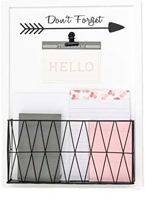 Blu Monaco Rustic Farmhouse Wall Mounted Mail Holder - Note Clip For Storage - White Wooden With Iron Black Metal Basket - For Office Kitchen Entryway