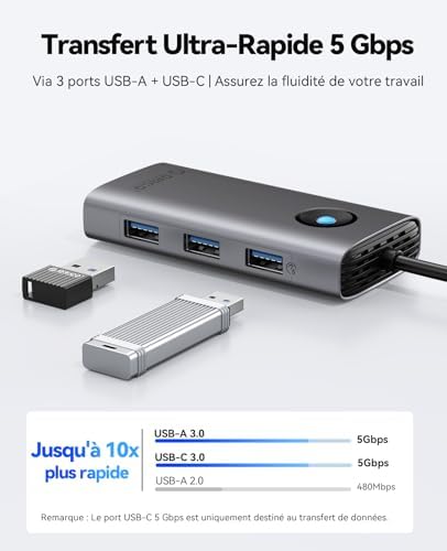 Station d'accueil, 6 en 1 Hub USB C avec HDMI 4K@30Hz, PD 100 W, 4 Ports USB 5Gbps, Adaptateur USB C vers USB 3.0 Compatible avec MacBook Pro Air XPS HP