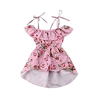 Toddler Kids Baby Girl Off Shoulder Vintage Floral Dress Princess Dress Halter Ruffle Sleeve Holiday Skirts for Kids (Pink, 2-3 Years)