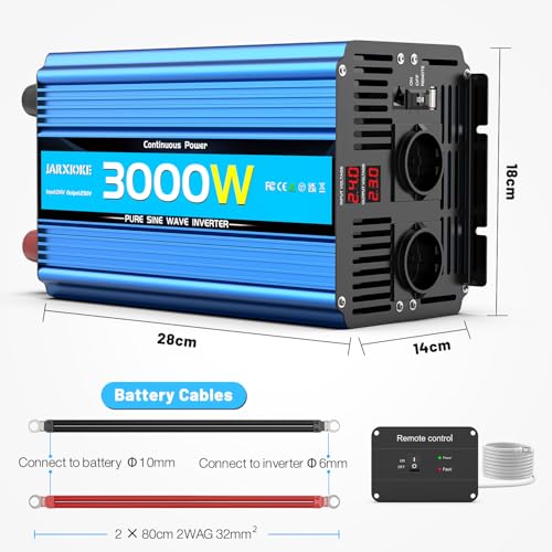 Pure Wave Inverter 3000 W Power Inverter 24 V 220 V/230 V Power Transformer – 2 AC Sockets and USB Ports and High Current Wiring Ports for Car Camper Boat