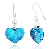 925 Sterling Silver Hand Blown Venetian Murano Glass Sky Blue Heart Shaped Dangle Hook Earrings