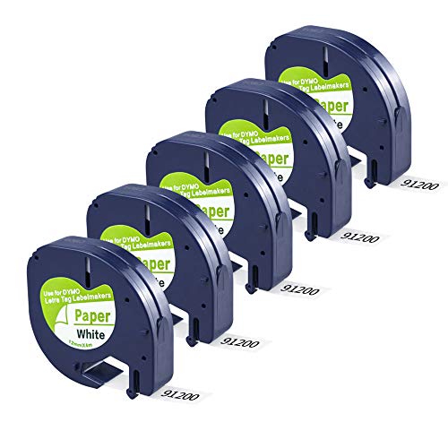 Camopro Compatible Label Tape Replace Dymo LetraTag Refills 91330 10697 (S0721510) LT Label Tape, Self-Adhesive Paper for DYMO LetraTag LT-100T LT-100H QX50 Label Maker, 1/2 Inch x 13 feet, 5 Pack