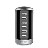 Tower USB Charger 6-Port Desktop USB Hub Charging Station with Smart Identification Technology for Phone, Tablets, and More (Black)