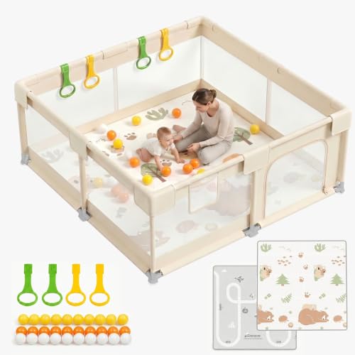 KUQAZ Beige Parc Bebe avec Tapis - 150x150cm Parc Enfant Sécurisé, Aire de Jeu Carrée en Tissu Oxford, Filet Respirant 360°, Structure Stable avec Puissantes Ventouses et 4 Anneaux