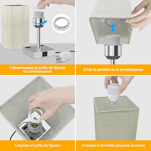 Sunsign Lámparas de Mesa táctil para 2 piezas, 3 Niveles de Brillo, lampara de noche con 2 Puertos USB (A+C) y 2 Salidas de CA, Lámpara de Lectura para habitación (bombilla incluida, blanco)
