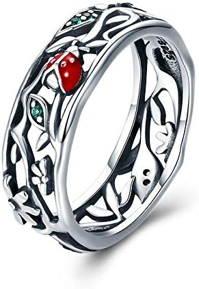 Lady Bird Authentic 925 Sterling Silver Ladybug with Twisted Tree Leaves Ring for Women Sterling Silver Jewellery