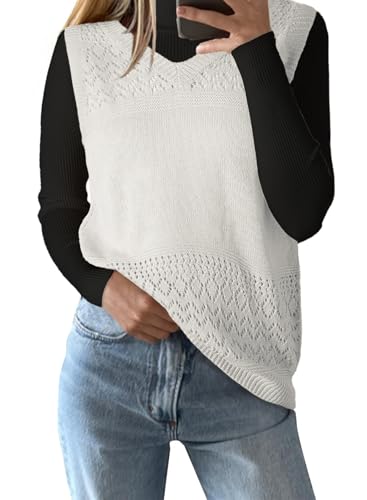 SHEWIN SWEATERS FOR WOMEN LIGHTWEIGHT V NECK SLEEVELESS CROCHET SWEATER VEST KNITTED SHIRTS FALL OUTFITS FOR WOMEN 2024,WHITE,S