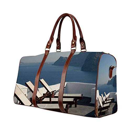 Travel Decor Waterproof Travel Bag,Sunlounger at Terrace in Santorini Greece Resort Relaxation Aegean for Travel,18.62"L x 8.5"W x 9.65"H
