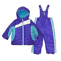 Arctic Quest Infant Girls Color Block Fleece Lined Hood and Snow Bib Pants Set, Purple & Turquoise, 18M