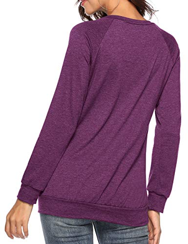 Womens Button Long Sleeve Tops Casual Blouses T-Shirt Round Neck Pockets Top WineRed M - Thumbnail 4