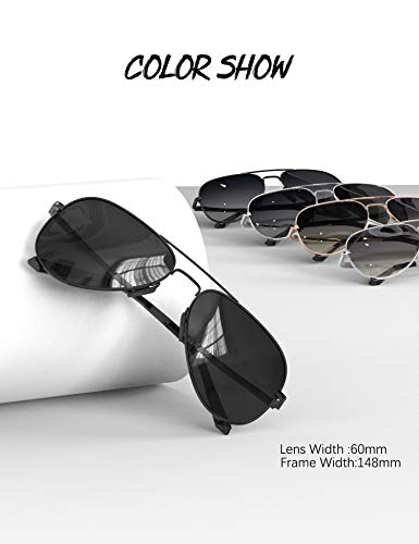 LUENX Aviator Sunglasses for Mens Womens Polarized Black Lens Black Metal Frame 60mm