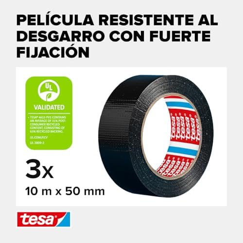 Fita Adesiva Universal Extra Power - Fita Adesiva com Fixação Extra Forte - Fita Multiusos Versátil para Reparações, Fixação, Vedação e Mais - Preto - 3 Rolos - 10 m x 50 mm