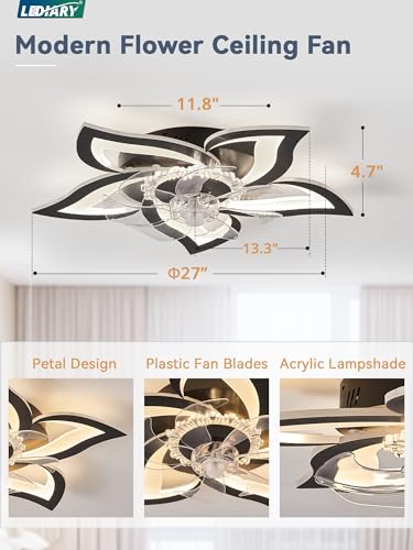 LEDIARY Flower Ceiling Fans with Lights, Small 27 Inch Modern Low Profile Ceiling Fan, Dimmable LED Ceiling Light Fixture, Flush Mount Ceiling Fans with Remote for Bedroom, Kitchen, Indoor-Black