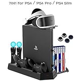 PS4 Vertical Stand Cooling Fan Universal for PlayStation 4 Slim PS4 Pro Consoles Dualshock4 Controller Charging Station for PS Move Motion Charger Dock with Game Discs Storage Holder, PSVR Glass Tray