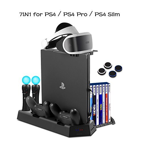 PS4 Vertical Stand Cooling Fan Universal for PlayStation 4 Slim PS4 Pro Consoles Dualshock4 Controller Charging Station for PS Move Motion Charger Dock with Game Discs Storage Holder, PSVR Glass Tray