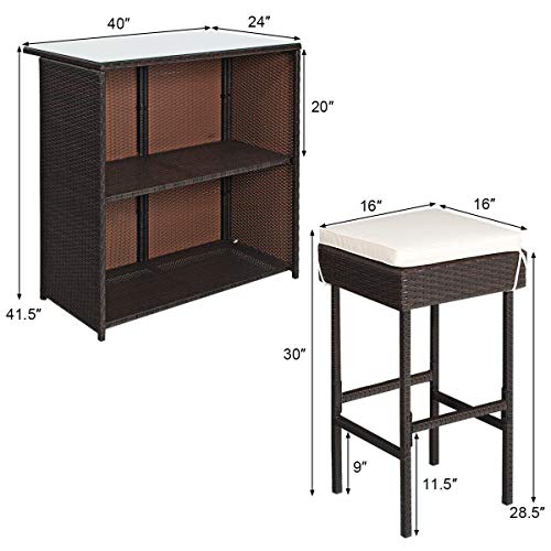 Tangkula Patio Bar Set, 3 Piece Outdoor Rattan Wicker Bar Set with 2 Cushions Stools & Glass Top