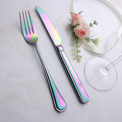 Rainbow Dinner Knife Set 6 Piece Stainless Steel Cutlery Table Knives Heavy Weight Sturdy Thick Forged Handle Silverware Flatware Eating Utensils Colourful 9.2 Inch Dishwasher Safe