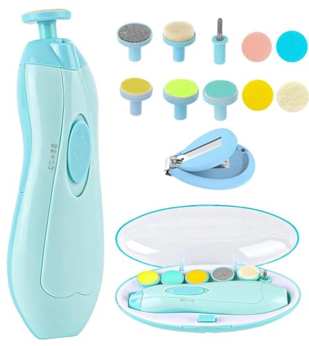 Gnker Baby Nail Trimmer, Electric Nail File & Baby Nail Cutter | 12-in-1 kit, 4 replacement pads, for newborn toddler fingernails & toenails, blue
