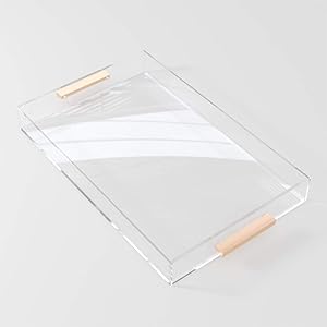 Clear Acrylic Serving Tray 11x17 with Gold Metal Handles, Spill Proof- Acrylic Decorative Tray Organizer for Ottoman Coffee Table Countertop