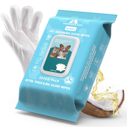 Funfawn Pet Cleaning Glove Wipes for Dogs & Cats - Extra Thick Deodorizing Pet Bathing Wipes - Rinse Free Grooming Wipes for Pet Daily Cleaning and Traveling - Unscented, 20 pcs