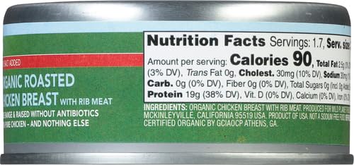 WILD PLANET ORGANIC ROASTED CHICKEN BREAST, SKINLESS AND BONELESS, NO SALT ADDED, 100% CHICKEN BREAST, 5 OUNCE