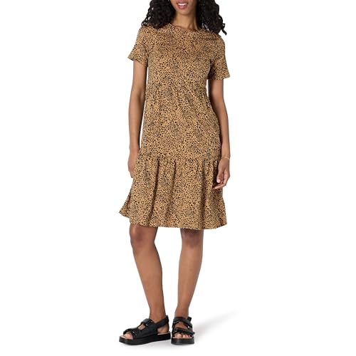 Amazon Essentials Abito a Balze a Girocollo e a Maniche Corte Donna, Cammello Scuro Leopardata, XXL