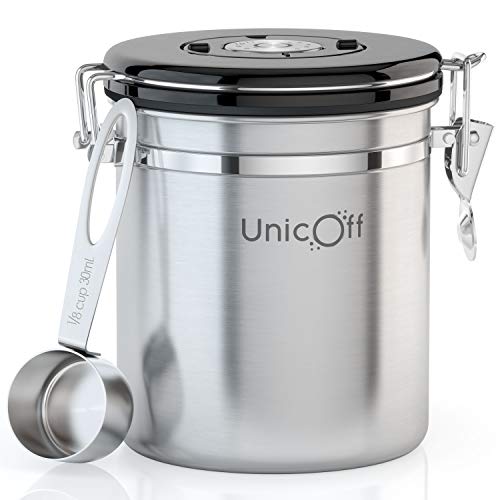 Coffee Canister - Stainless Steel Canister - Coffee Storage - Airtight Coffee Container - Coffee Bean and Coffee Ground Container - Bonus Coffee Scoop - Extra CO2 Exhaust Valve Filter - Tea Canister