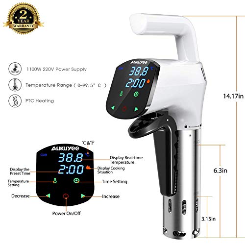 Sous Vide, AUKUYEE Sous Vide Cooker Thermal Immersion Circulator 1100W Ultra-Quiet with Recipe Cookbook White EQQ01