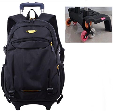 JIBUTENG Rolling School Bag Hiking Travel Trolley Hand Removable Boys Girls Rolling Backpack Wheels (6 Wheel, Black)