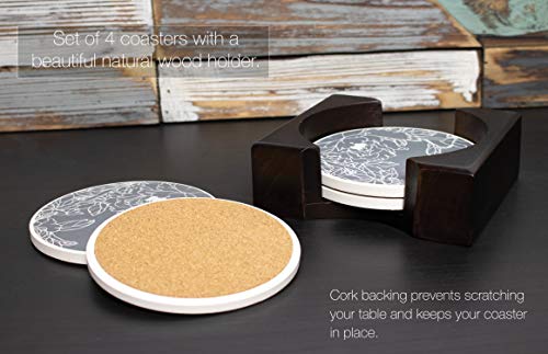 Coaster Set of 4 with Holder | Stone Drink Coasters Set, Peony. Absorbent with Beautiful Blonde Holder | Made of Ceramic with Cork Back, Absorbs Spills - Thumbnail 3