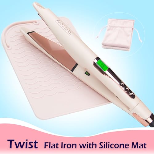 ANGENIL Pro Twist Flat Iron Hair Straightener and Curler 2 in 1, Dual Voltage Hair Iron with Heat Resistant Mat, Round Pink Hair Straightener, 20S Fast Heating, Adjustable 260-450°F for All Hair Types