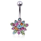 Chinatera Crystals Set Flower Hinged Barbell Dangle Belly Button Ring Navel Body Jewelry Belly Button Ring Flower Belly Ring