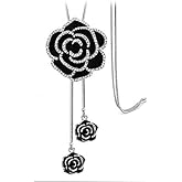 Cykdohy Vintage Black Enamel CZ Rose Flower Pendant Long Lariat Y Necklace for Women Crystal Fashion Statement Tassel Drop Elegant Sweater Adjustable Snake Chain Wedding Jewelry for Her 33''