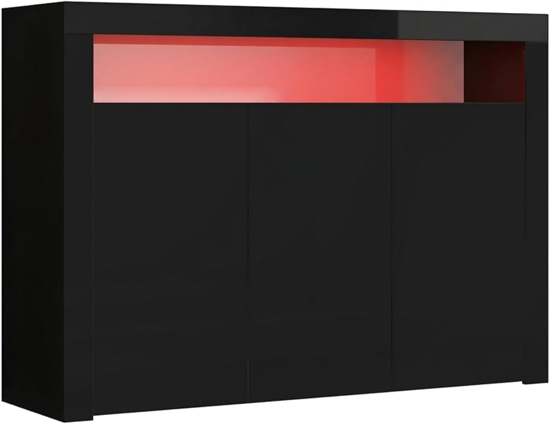 Panana High Gloss 3 Door Sideboard with LED Lights Black Display Cabinet