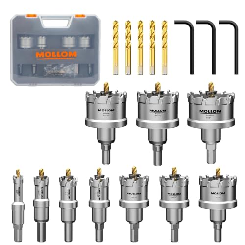 Mollom 10 Stück (13-51 mm) TCT Hartmetall-Lochsägenset für Hartmetall, mit 5 zusätzlichen Zentrierbohrern und 3 Stück Sechskantschlüsseln