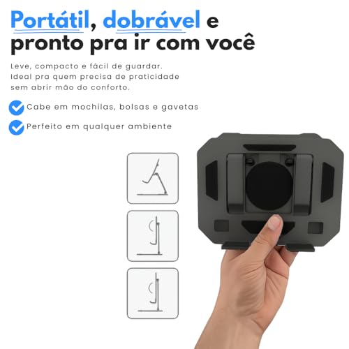 Suporte para Tablet em Metal Resistente Articulado Dobrável Base Rotativa 360º Ajustável Antiderrapante Estável e Portátil Compatível com Dispositivos de 4” a 13” polegadas (Preto)