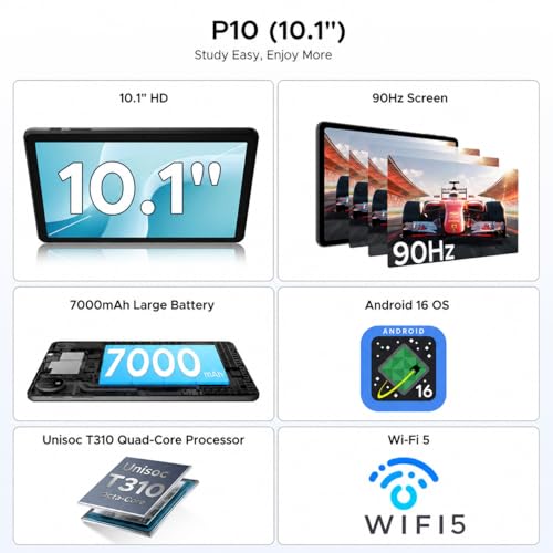 P10 10 Inch Android 16 Tablet with Gemini AI, 48GB+128GB/TF 2TB, 7000mAh, Quad-Core Processor, 90Hz, 5+8MP/Dual Speakers/3.5mm Headphone Jack/Face Unlock/Widevine L1, Tablet with Keyboard & Pen, Blue