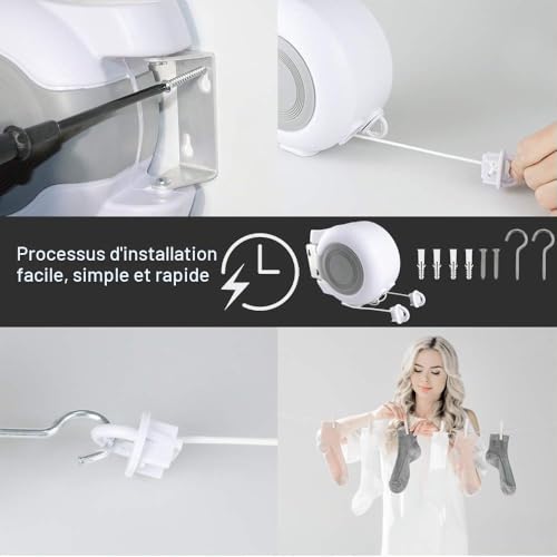 Hoxsury Retractable Clothes Line Space Saving Adjustable Rope Easy Installation Indoor Outdoor 30m Invisible Extension Cable for Balcony/Porch/Garden White
