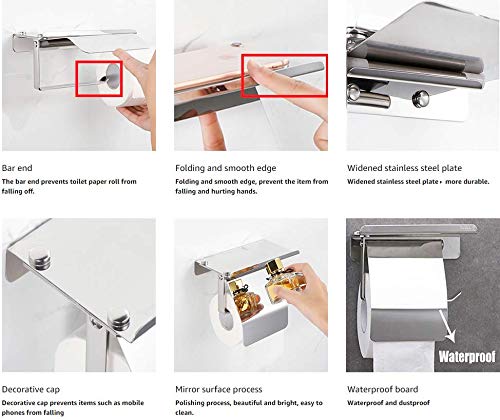 Bearstar Toilet Paper Holder with Shelf Tissue Holder for Bathroom Toilet Paper Roll Holder with Cover SUS 304 Stainless Steel Wall Mounted
