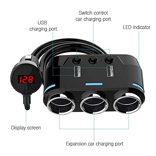 ODOMY 12V/24V Car Cigarette Lighter Adapter 100W 3 Socket Splitter with Dual USB Ports LED Voltage Monitor On/Off Switch for Phone GPS Dashcam Radar Detector