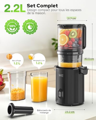 WIE Extracteur de Jus Slow Juicer Goulotte Large 135 mm pour Fruits et Légumes Entiers Moteur 300W Grande Capacité 2.6 L Presse à Froid Silencieuse