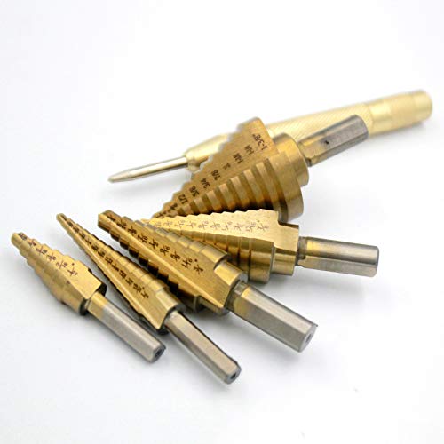 Step Drill Bit Set with Automatic Center Punch- Titanium Coated, Double Cutting Blades, High Speed Steel, Short Length Drill Bits Set of 5 pcs, Total 50 Sizes with Aluminum Case, Multiple Hole Step