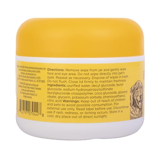 BURT’S BEES FOR PETS EYE & EAR CLEANSING WIPES FOR DOGS, FRAGRANCE-FREE, 98% NATURAL ORIGIN FORMULAS, GENTLE SPOT CLEANING SHEETS FOR DOG EYES AND EARS, 100 COUNT