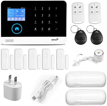 Home Security Alarm System Wireless GSM/3G/GPRS with Touch Screen Keypad PIR Detector, Door Window Sensor, Remote Control, RFID Card, Loud Wired and Wireless Siren Auto Dial APP SMS