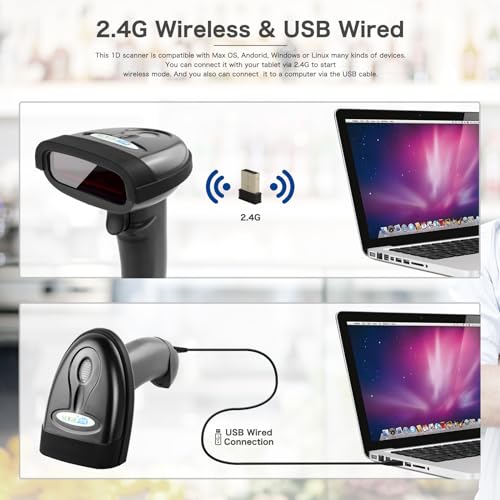 NETUM Wireless Barcode Scanner 2.4GHz Handheld Cordless Bar-Code Reader USB Rechargeable Wireless/Wired for Laptop Computer POS System NT-1698W
