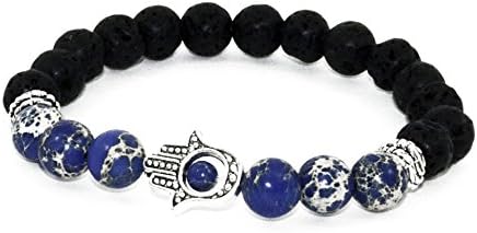 Natural Lava Stone and Semi-Precious Blue Jasper Crystal Hamsa Healing Balancing Beaded Bracelet 8mm
