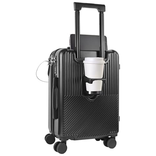 Carry On Luggage, 20 Inch Hardside Luggage, Carry On Suitcase with Front Open Laptop Compartment and Pocket, with Combination Lock, 4 Spinner Wheels, Cup Holder, USB Port, Hook (a-Black)