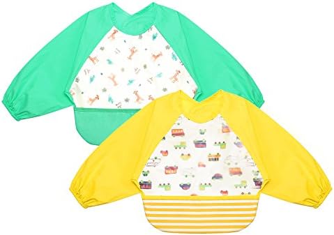 Baby Feeding Sleeved Bib Waterproof Toddler Baby for Boys and Girls Burp Cloth Set with Sleeves and Pocket Green & Yellow (2 Pack)